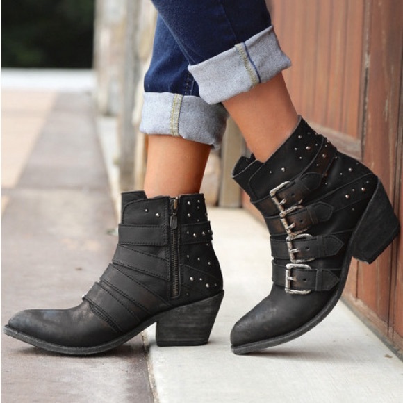 Liberty Black Amy Western Leather Rocker Stud Ankle Boots - Picture 2 of 14